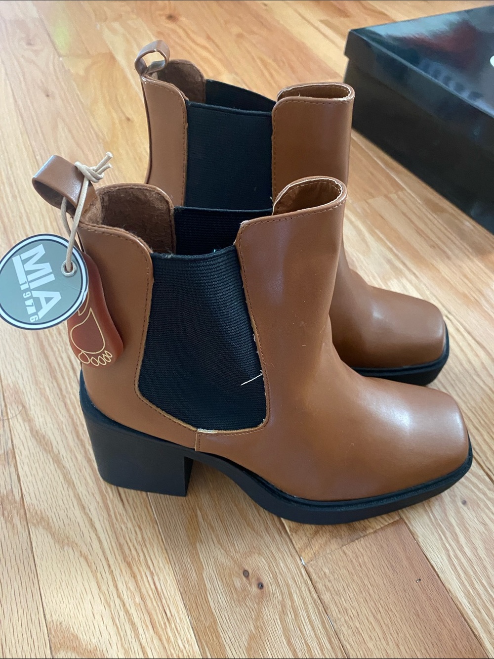 MIA Brown Leather Chelsea Block Heel Ankle Boots